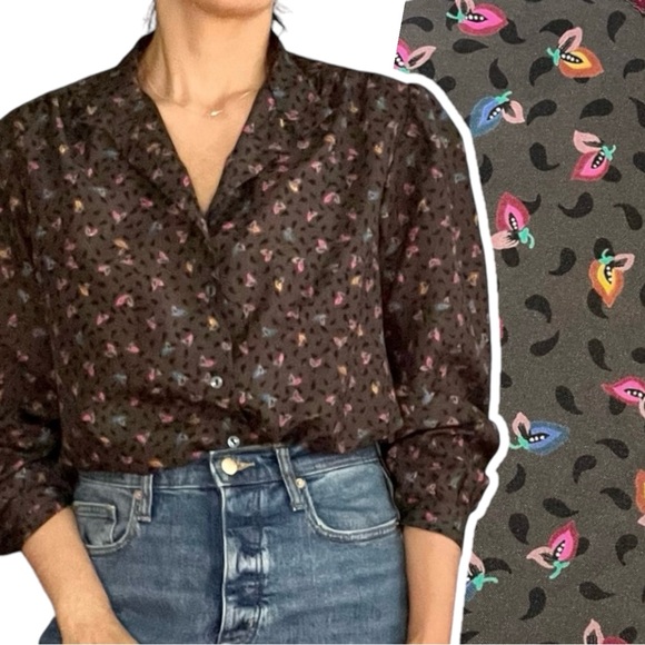 Vintage 70s mock neck secretary blouse abstract flower fruit print - Picture 1 of 10